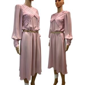 70s Sheer Blush Pink Draped Midi Dress w Gold Belt | S